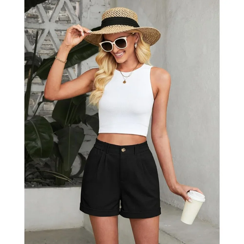 Women's Black High Waisted Cotton Stretch Elastic Waist Pleated Summer Shorts